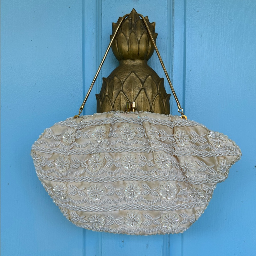 Vintage La Regale Beaded Purse Handmade Hong Kong White Handbag Bag Bride
